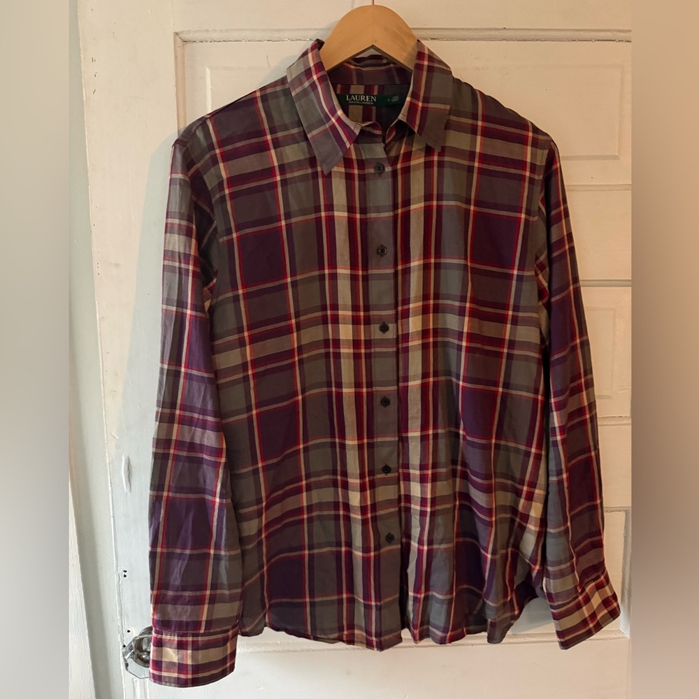 Ralph Lauren Plaid Button-Down Shirt in Purple, Gray, Cream and Red Accents